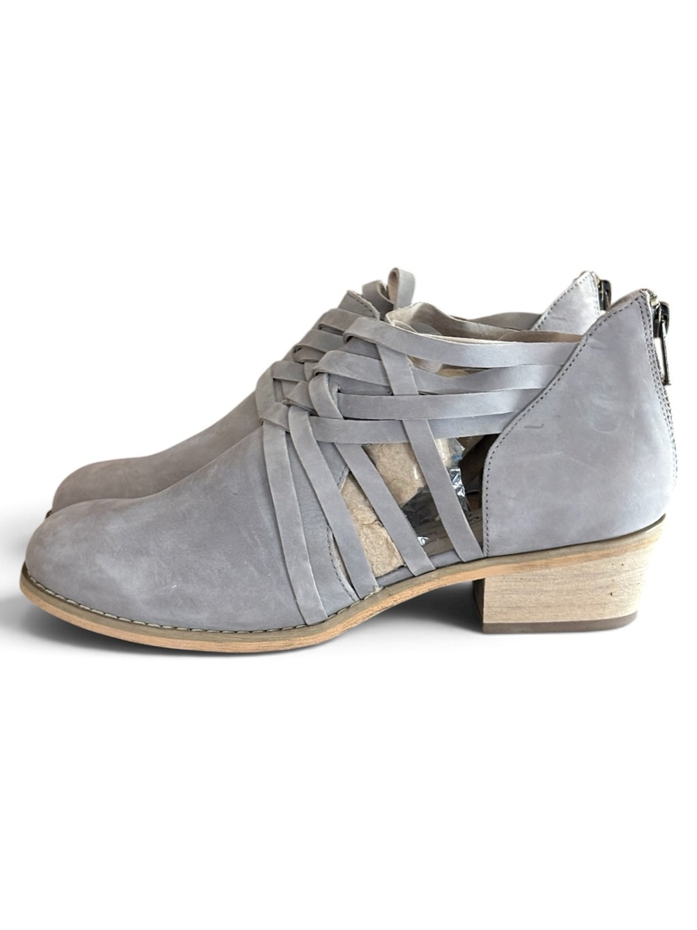 Gray Suede Back-Zip Strap Heels